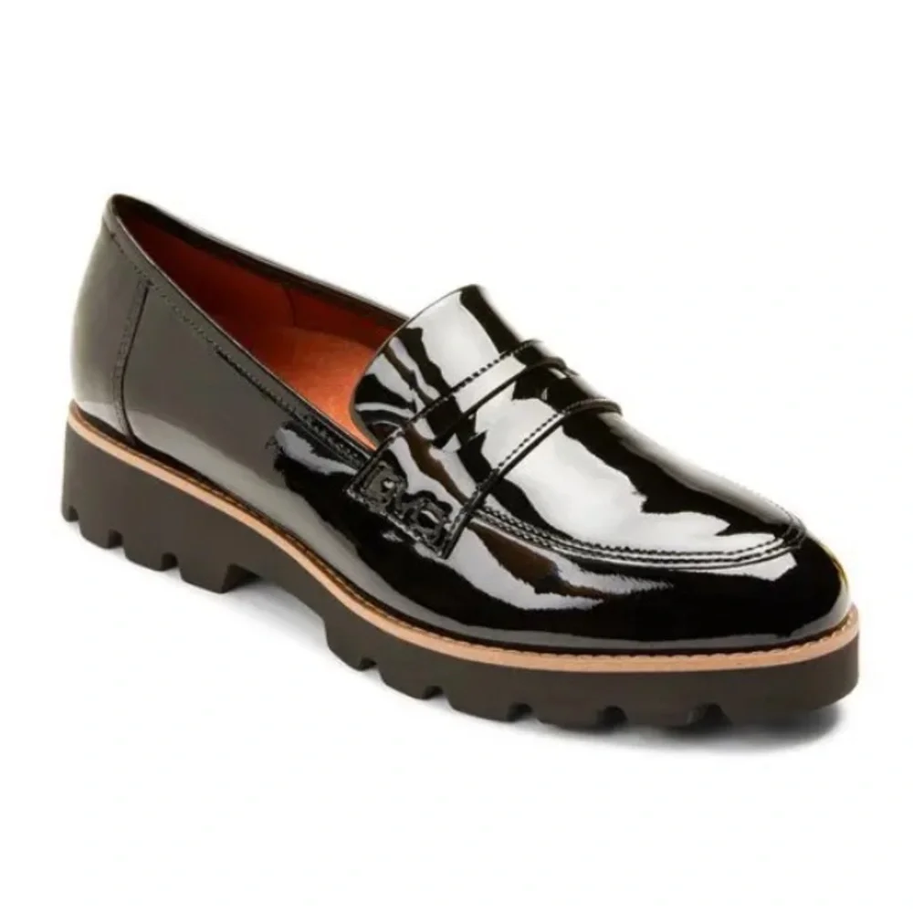 Vionic | Women’s Black Patent Cheryl Lug Sole Platform Penny Loafers, Size 6.5